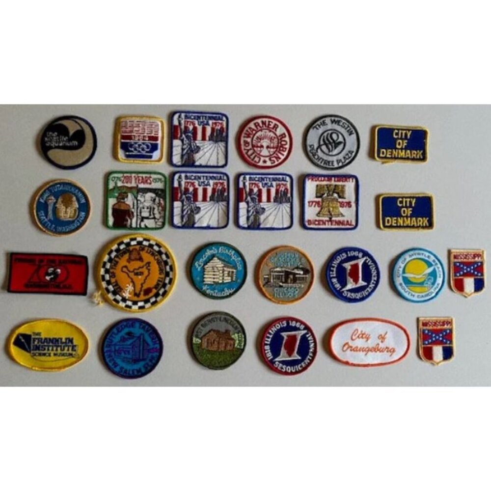 25 Vintage Collectible Travel Patches Olympics, Bicentennial, Abraham Lincoln